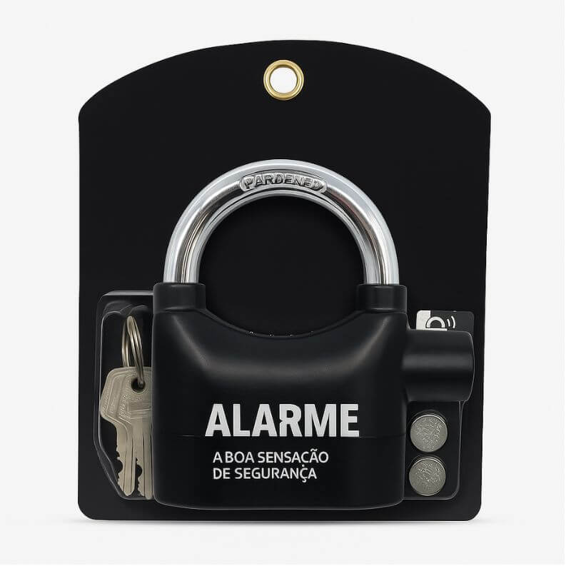 Cadeado com alarme 110 dB destaque na embalagem